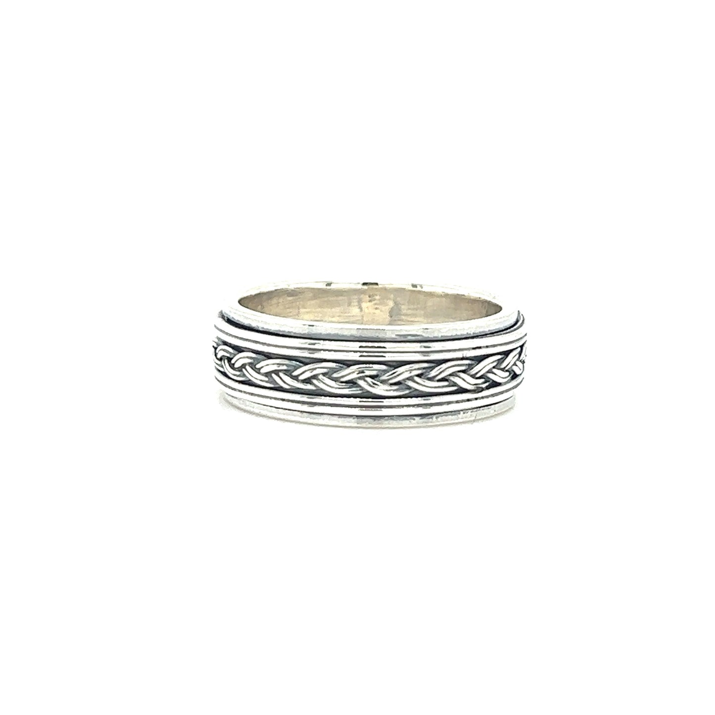 A minimalist Silver Rope Spinner Ring with a braided weave design.