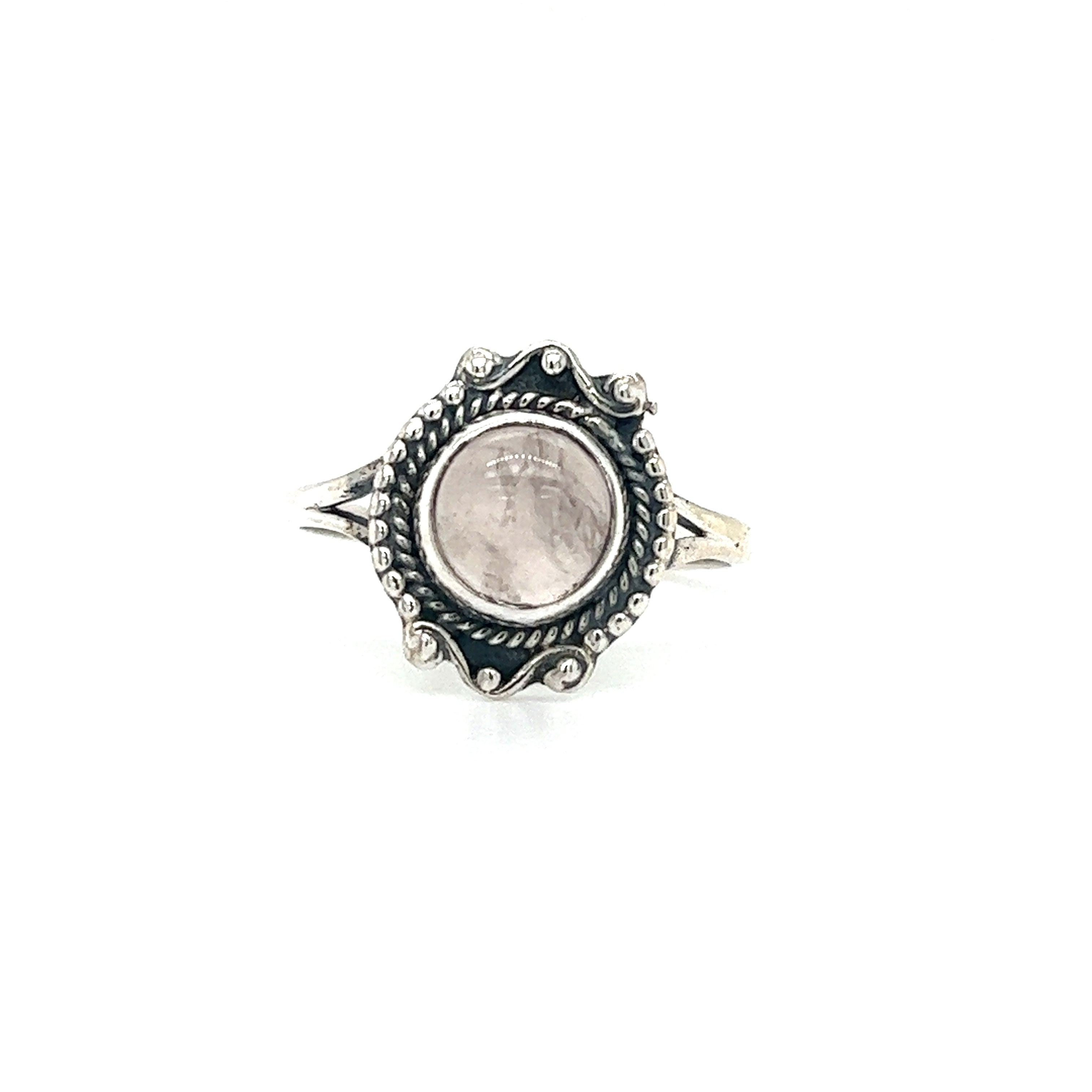 A Super Silver Round Gemstone Ring With Vintage Setting, crafted from .925 Sterling Silver, exuding bohemian sophistication.