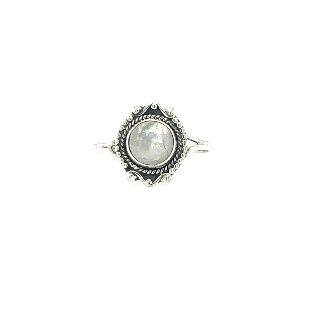 
                  
                    A Round Gemstone Ring With Vintage Setting crafted in .925 Sterling Silver. The bohemian sophistication of this piece is accentuated by the white stone set beautifully in the center from Super Silver.
                  
                