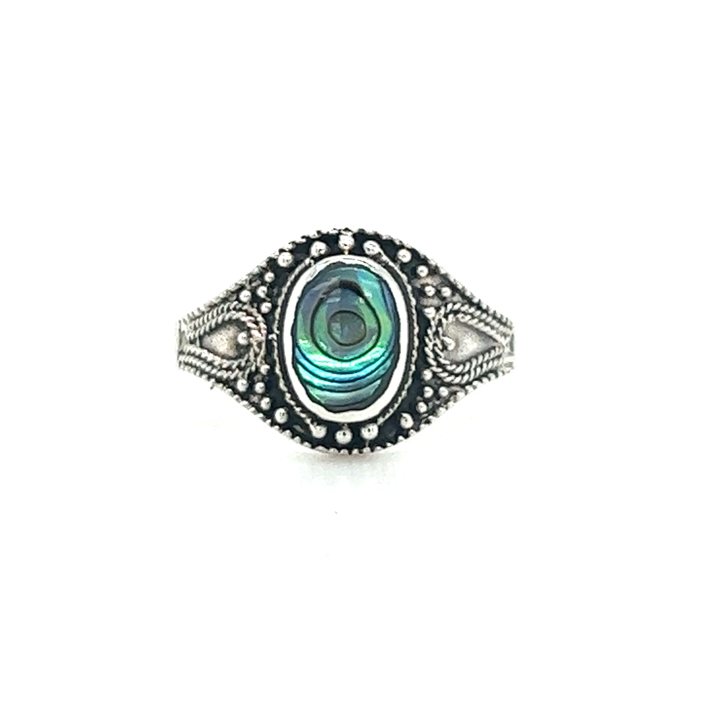 
                  
                    An oxidized silver Vintage Style Oval Shield Ring with Inlaid Stones, perfect for lovers of vintage-styled jewelry.
                  
                