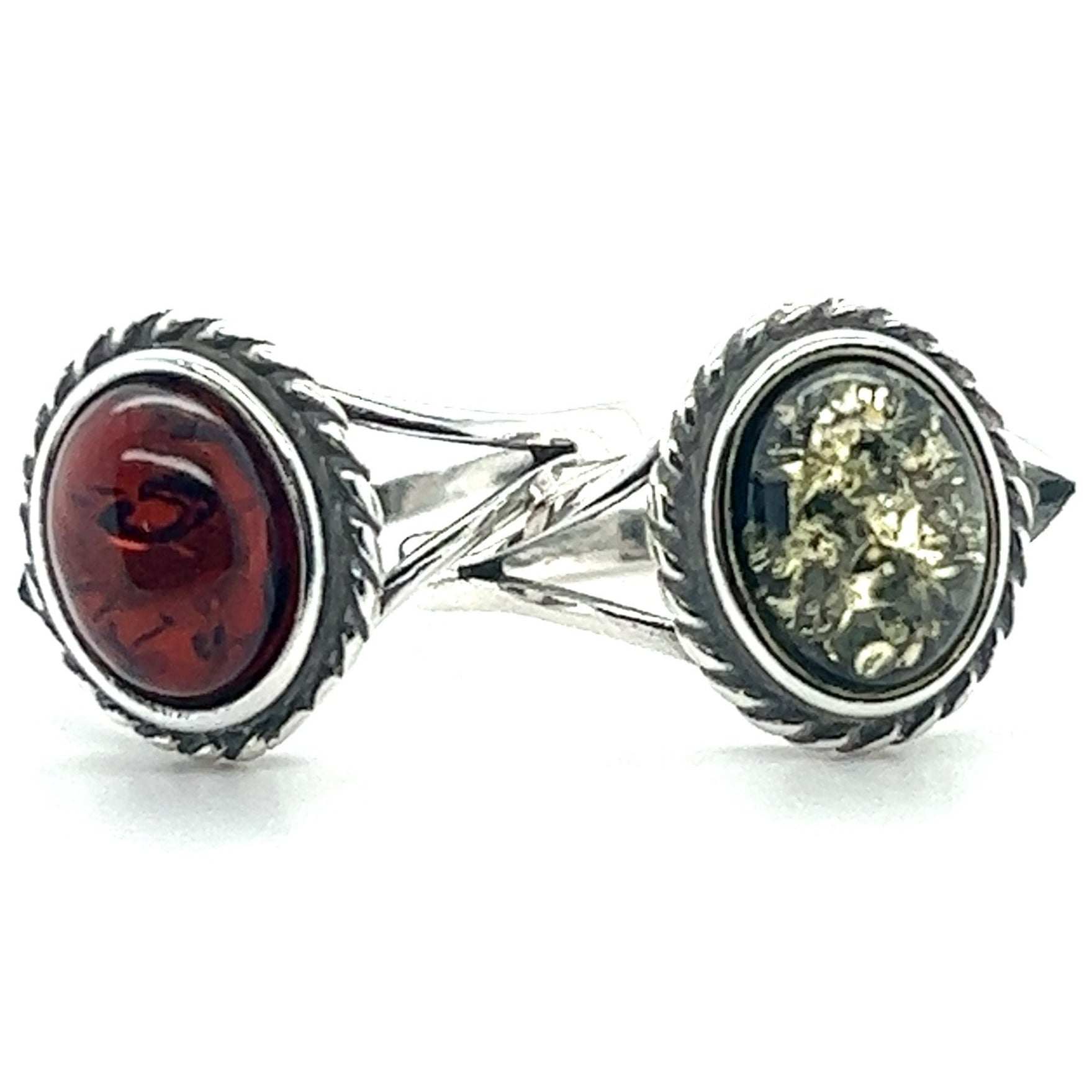 A pair of Timeless Baltic Amber Rings adorned with Baltic Amber stones, known for their healing properties and ability to enhance mental clarity from the Super Silver brand.