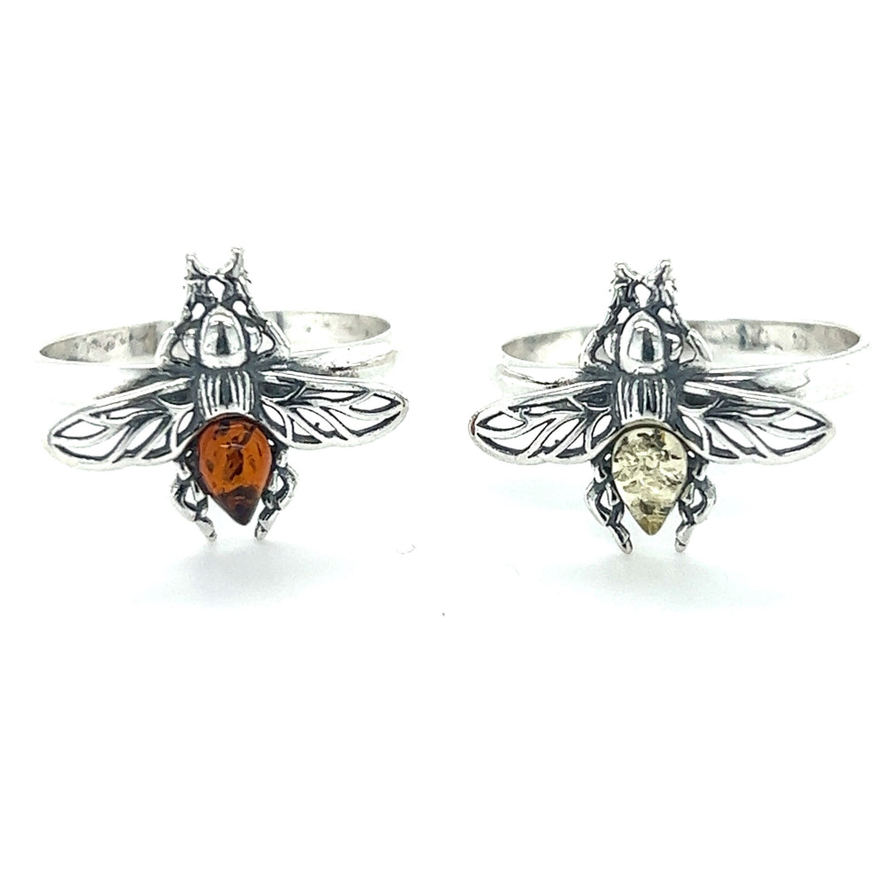 Two Super Silver Detailed Baltic Amber Bee Rings, perfect for lovers of honey bees.
