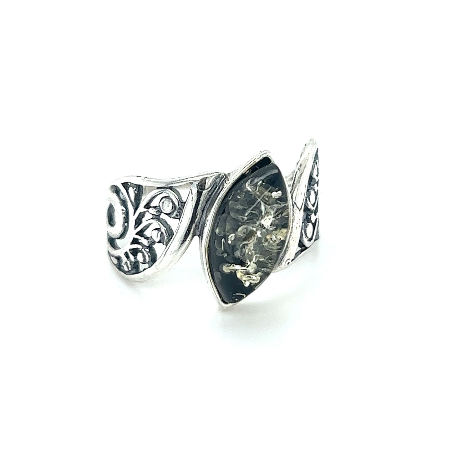 
                  
                    A Wide Filigree Band Baltic Amber Ring with vintage charm and an ornate design, from Super Silver brand.
                  
                