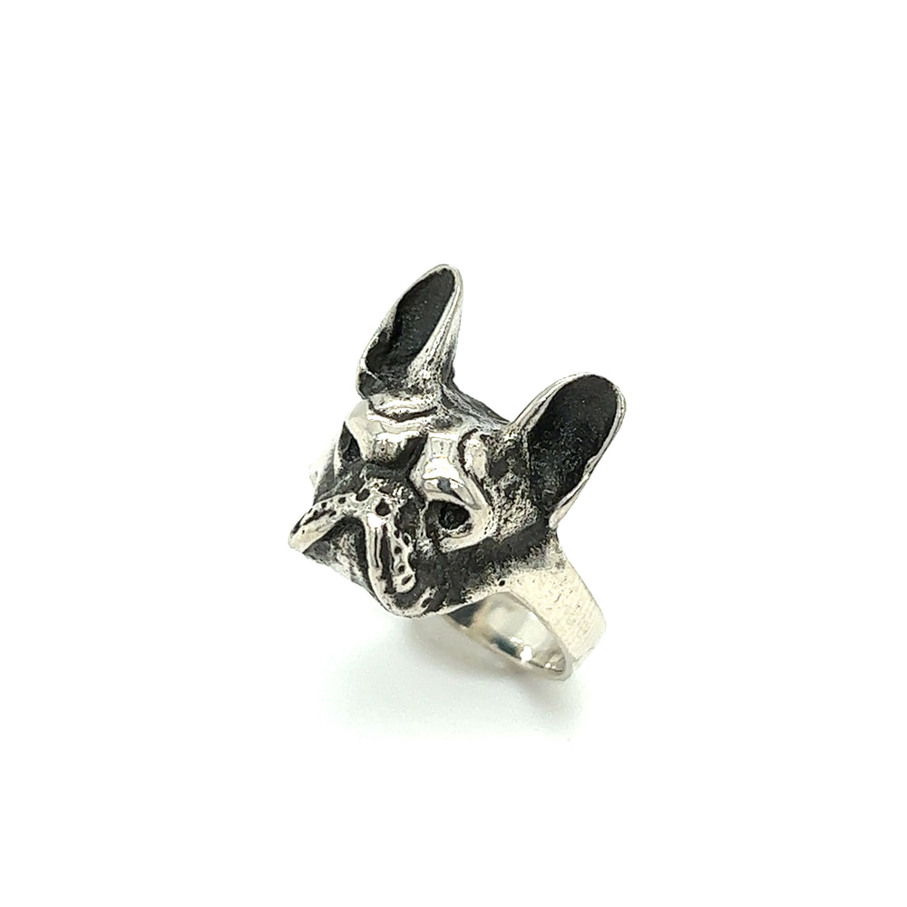 
                  
                    Super Silver's Adorable French Bulldog Ring is a dog lover ring featuring a sterling silver French bulldog, also known as a Frenchie.
                  
                