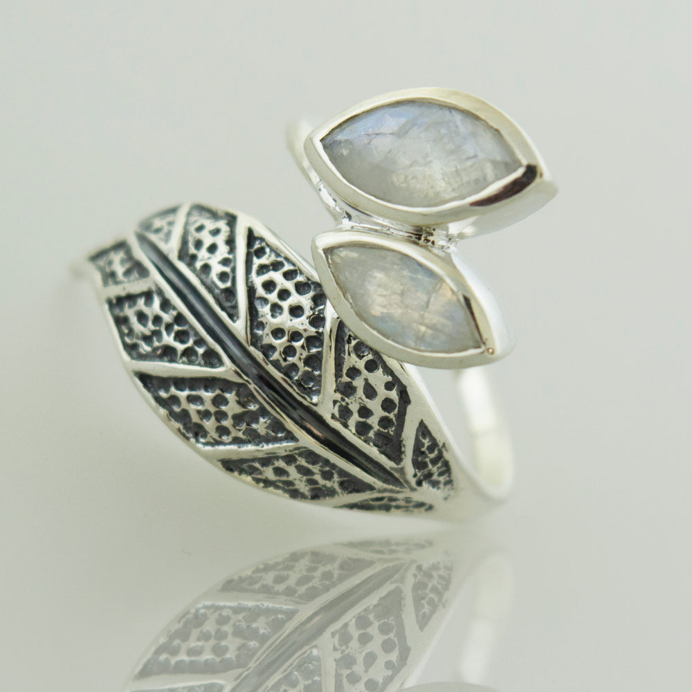 A Super Silver wrap-around Leaf Ring with Moonstone.