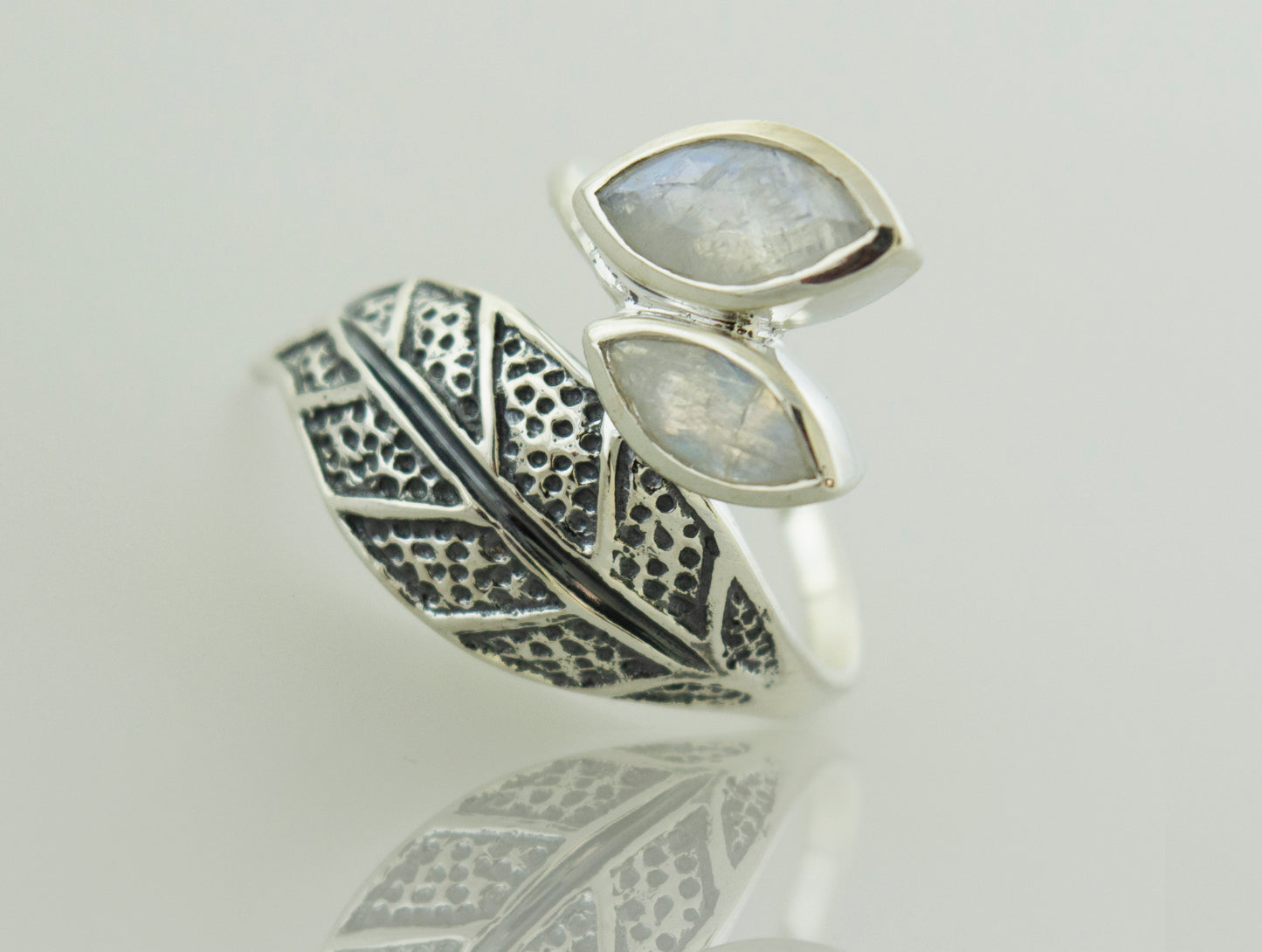 A Super Silver wrap-around Leaf Ring with Moonstone.