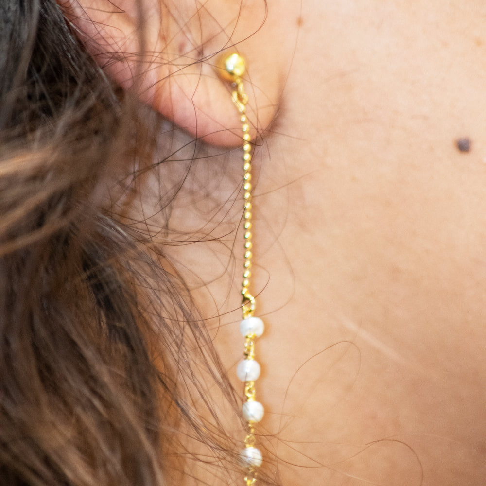 
                  
                    A close up of a woman's ear with a Super Silver 22 Karat Gold chain and Gold Plated Pearl Earrings.
                  
                