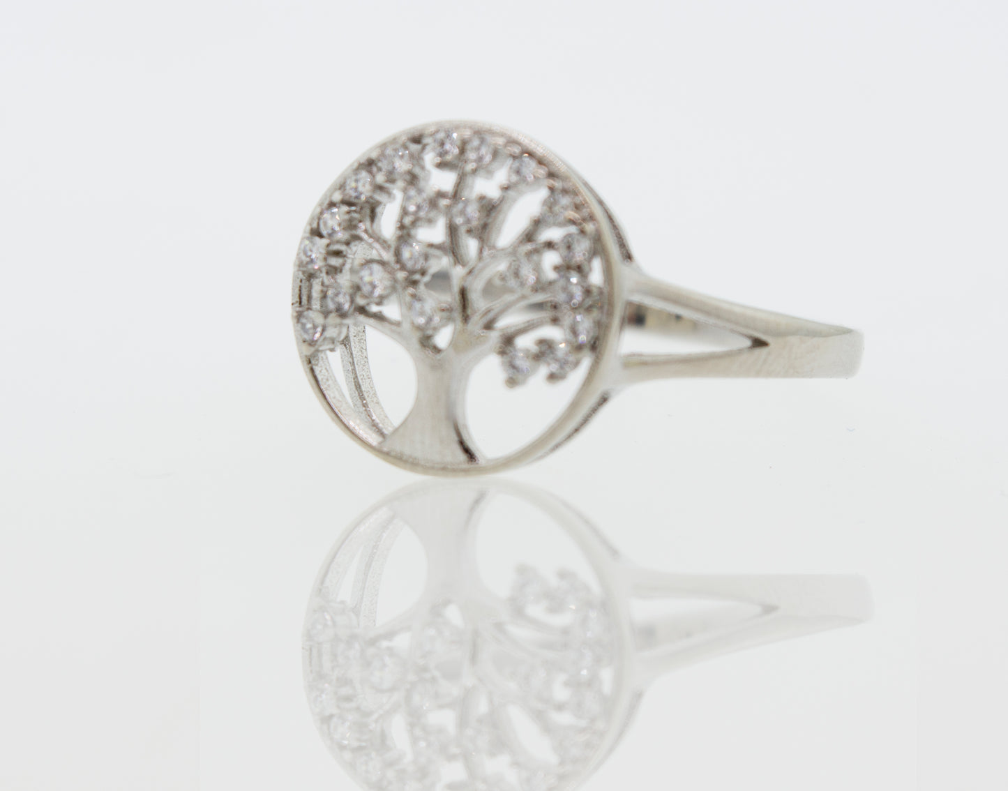 
                  
                    A white gold Tree Of Life Ring Cubic Zirconia Stones.
                  
                