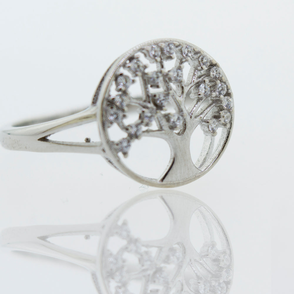 A sterling silver Tree Of Life Ring Cubic Zirconia Stones with diamonds.