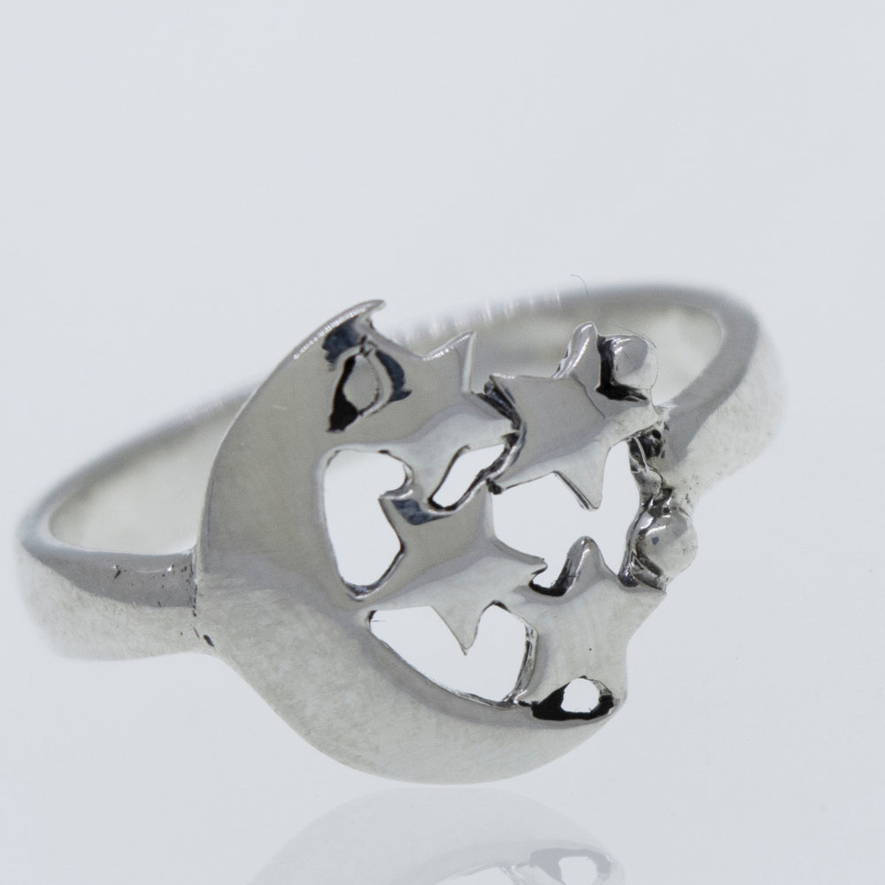 A Super Silver Crescent Moon Ring with Four Stars adorned with delicate stars.