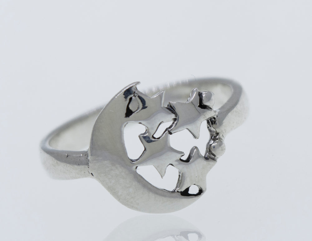 A Super Silver Crescent Moon Ring with Four Stars adorned with delicate stars.