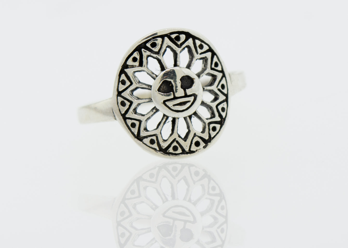 
                  
                    A Super Silver Silver Ring Sun With A Face with a sun design on it.
                  
                