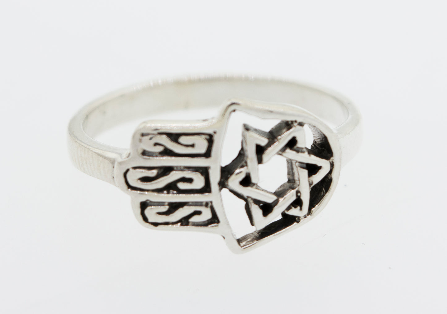 
                  
                    A boho-inspired Hamsa With Star of David Ring in sterling silver.
                  
                