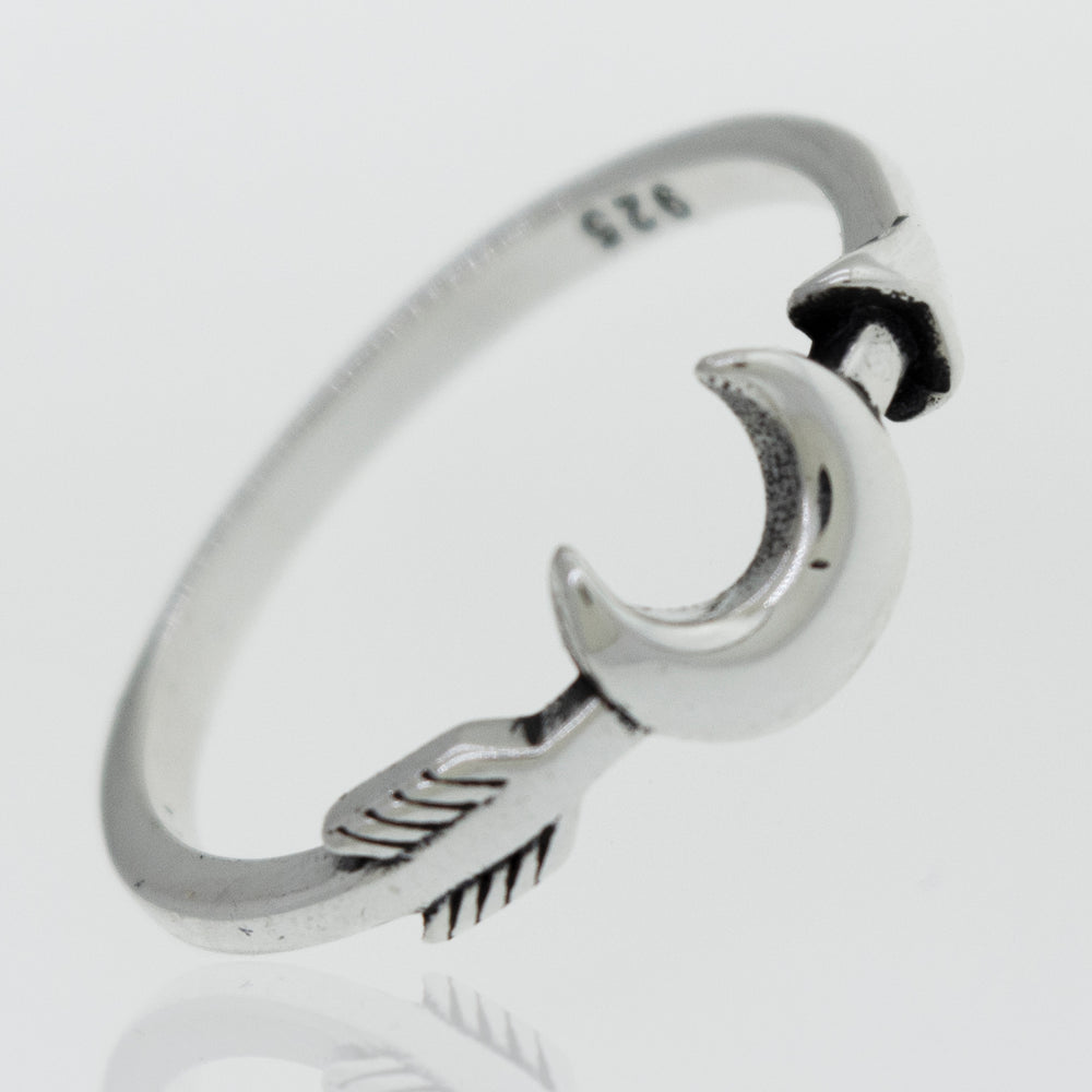 A trendy Moon and Arrow Ring made of high polish 925 sterling silver.