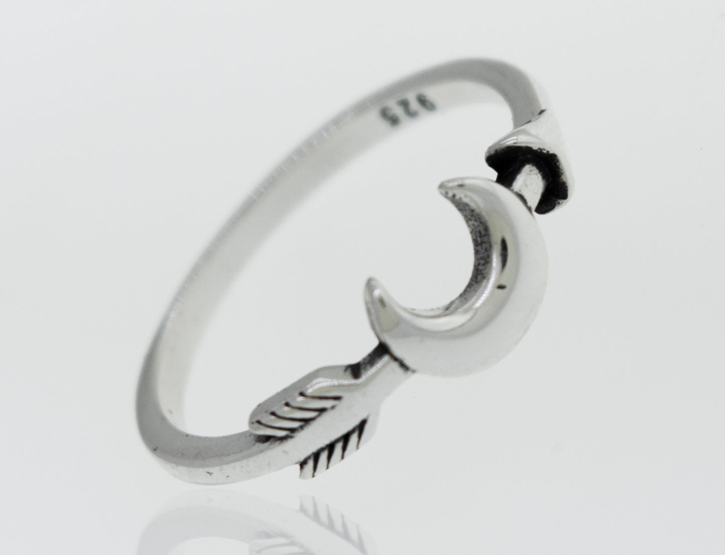 A trendy Moon and Arrow Ring made of high polish 925 sterling silver.