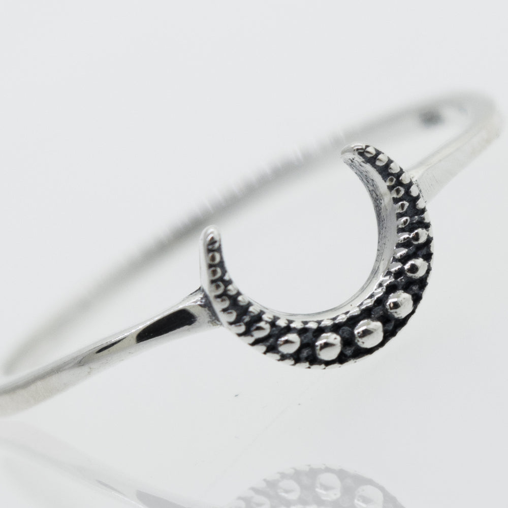 A Super Silver Crescent Moon With Beads Design Silver Ring.