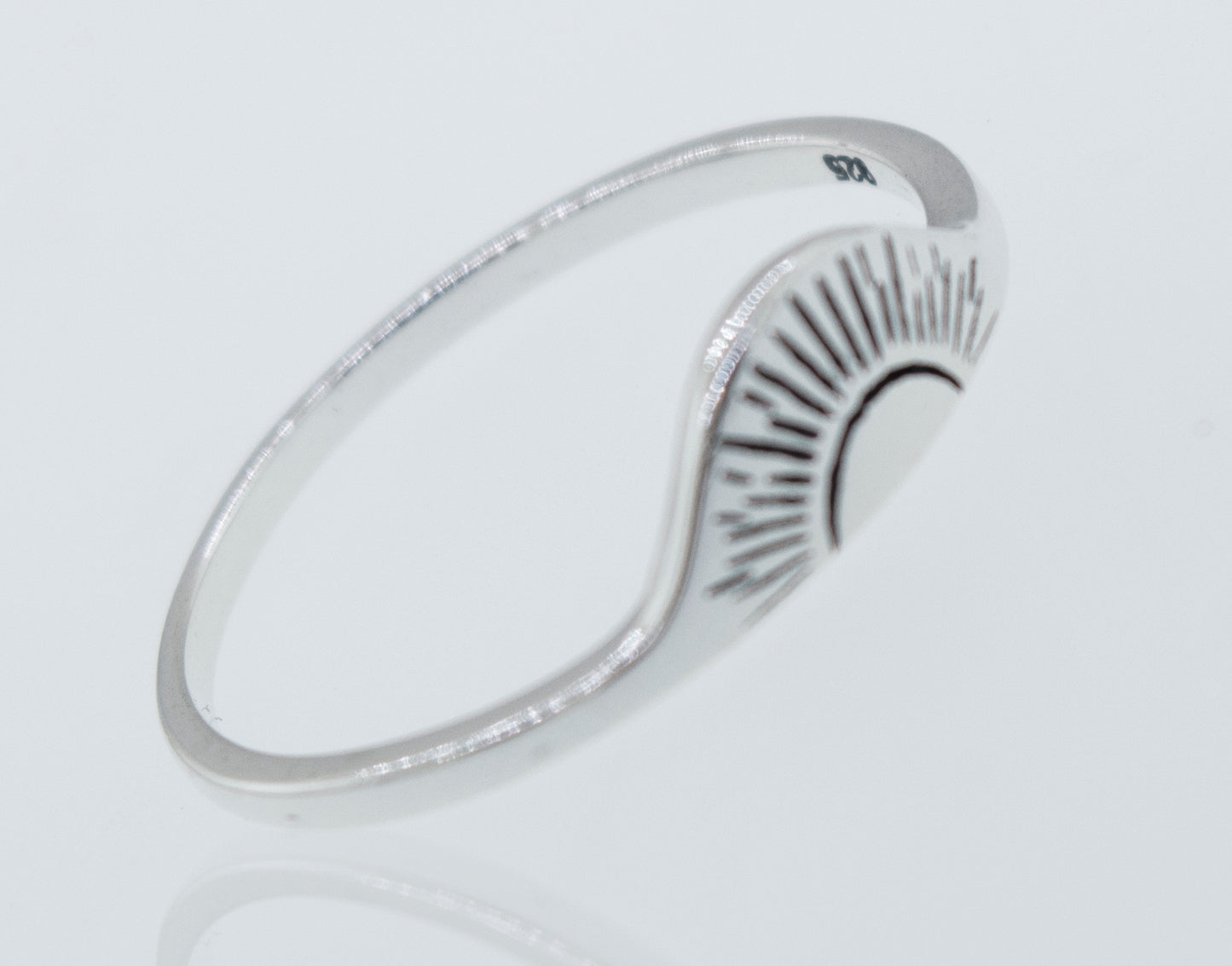A Super Silver Sunrise Ring, made of 925 sterling silver and featuring a sunburst design, with a high shine finish.