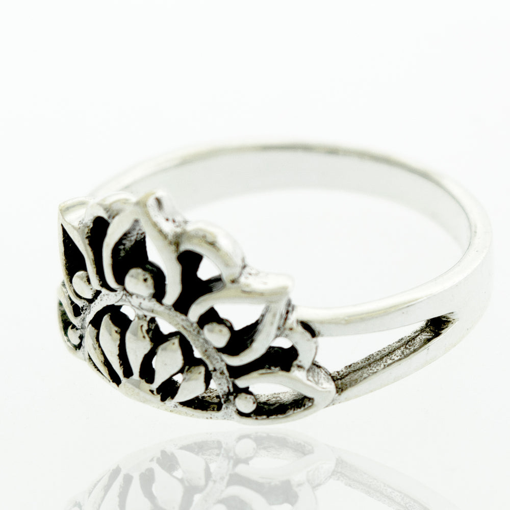 A cultural Half Mandala Ring with a floral lotus flower design.