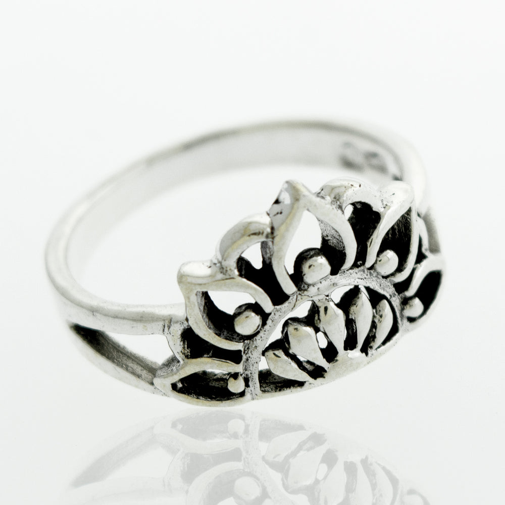 
                  
                    A floral silver Half Mandala Ring with a lotus flower design.
                  
                