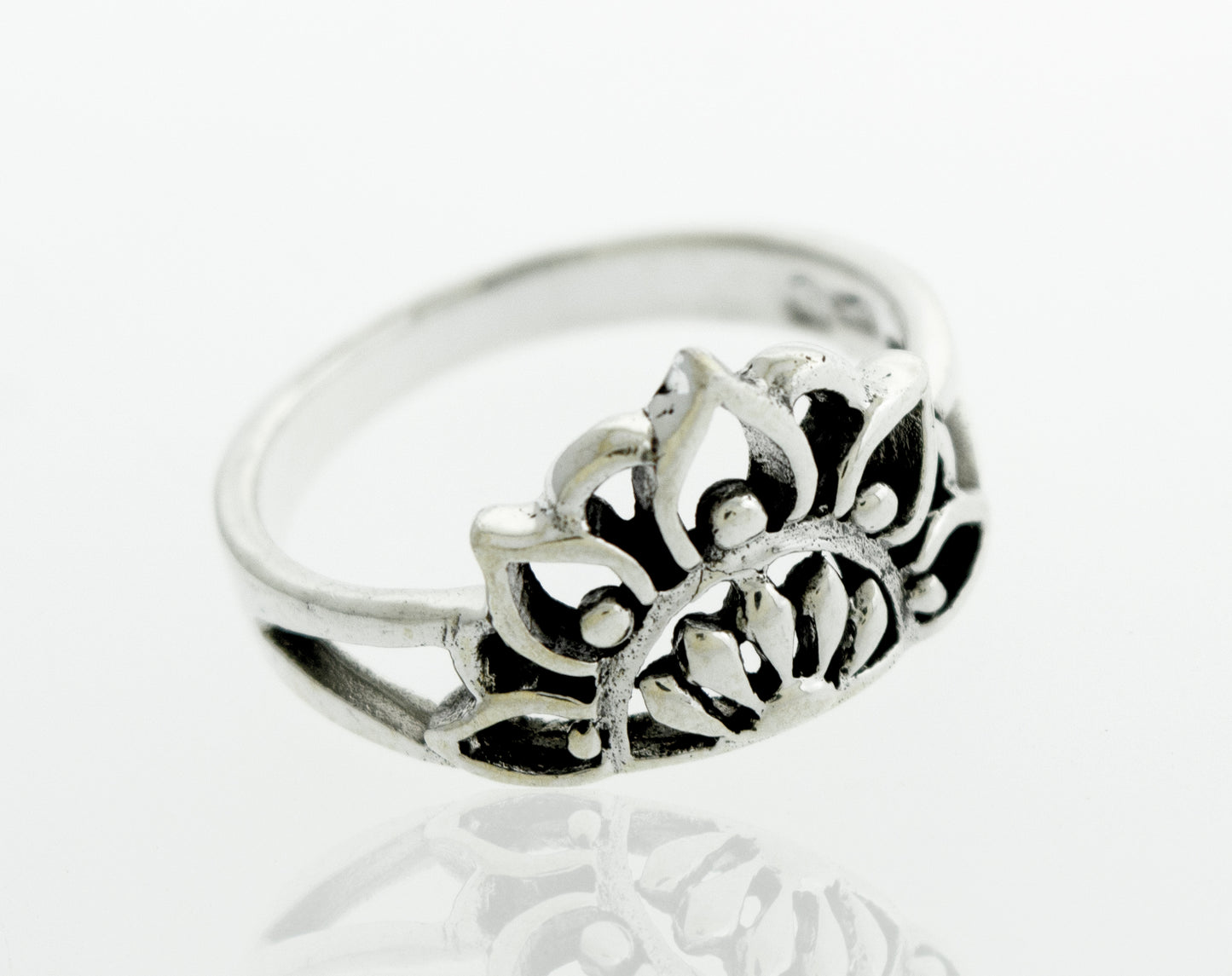 
                  
                    A floral silver Half Mandala Ring with a lotus flower design.
                  
                