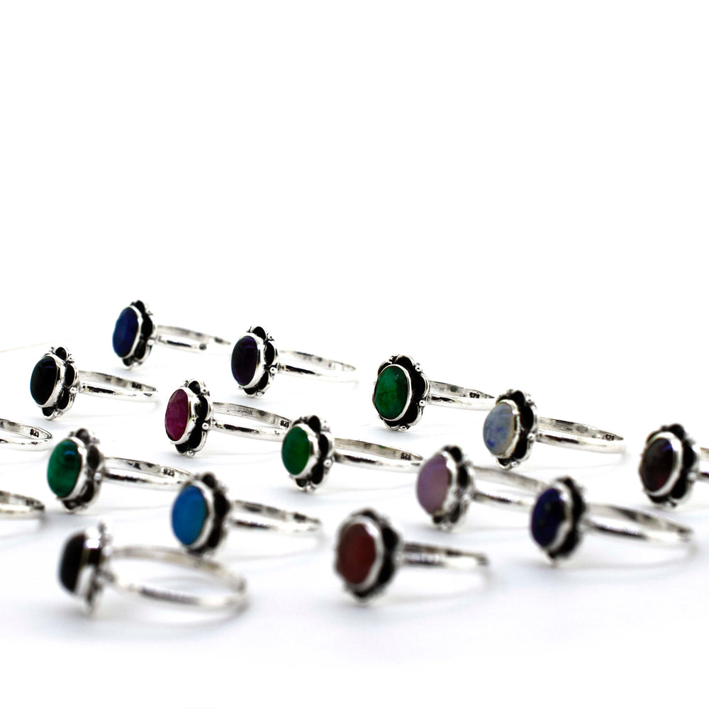 
                  
                    A boho-inspired collection of Gemstone Rings With Oxidized Flower Design.
                  
                