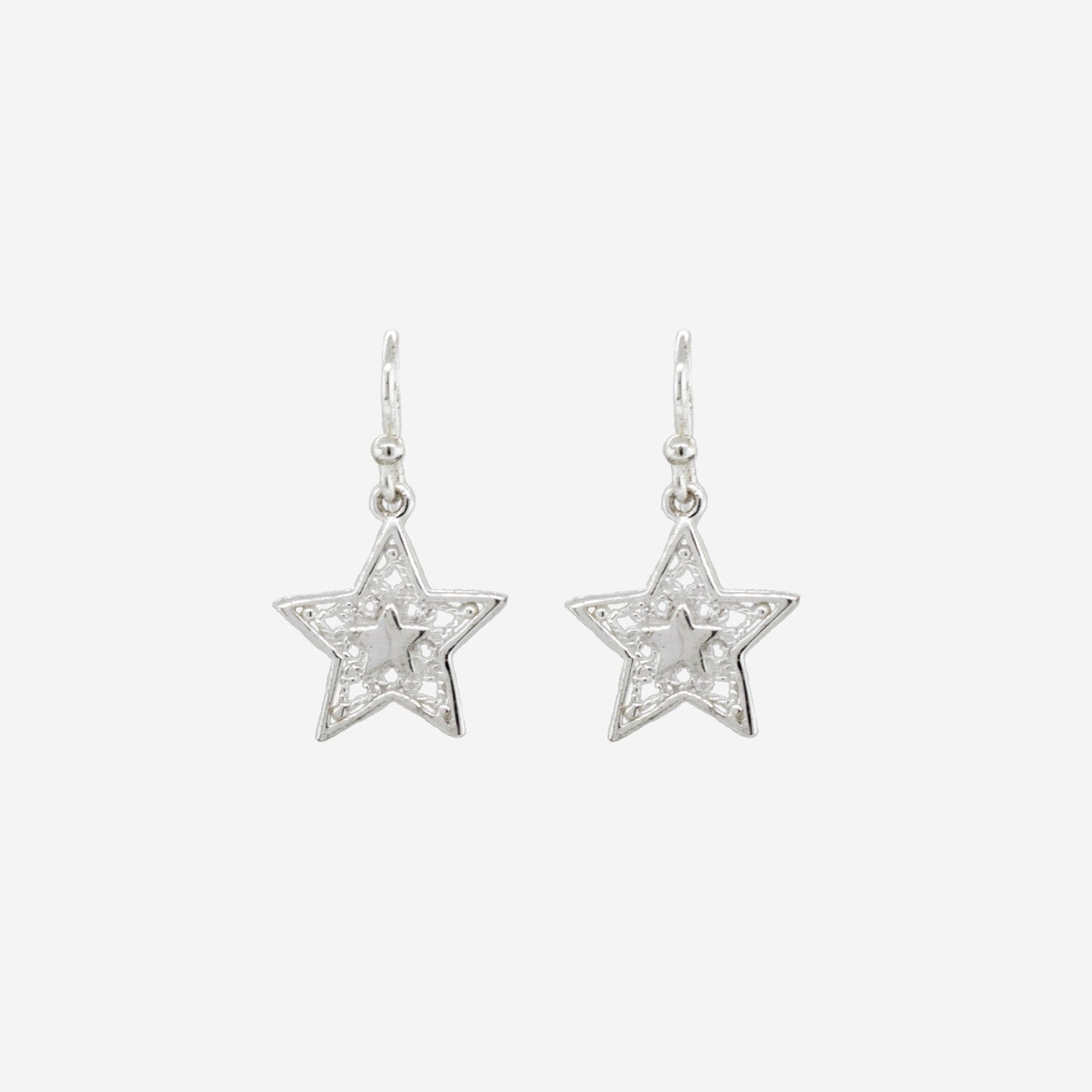 
                  
                    A pair of Open Star Drop Earrings with Rope Design by Super Silver on a white background.
                  
                