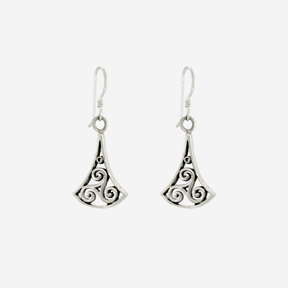 A pair of Super Silver Swirl Open Trinity Drop Earrings with a Celtic swirl design.