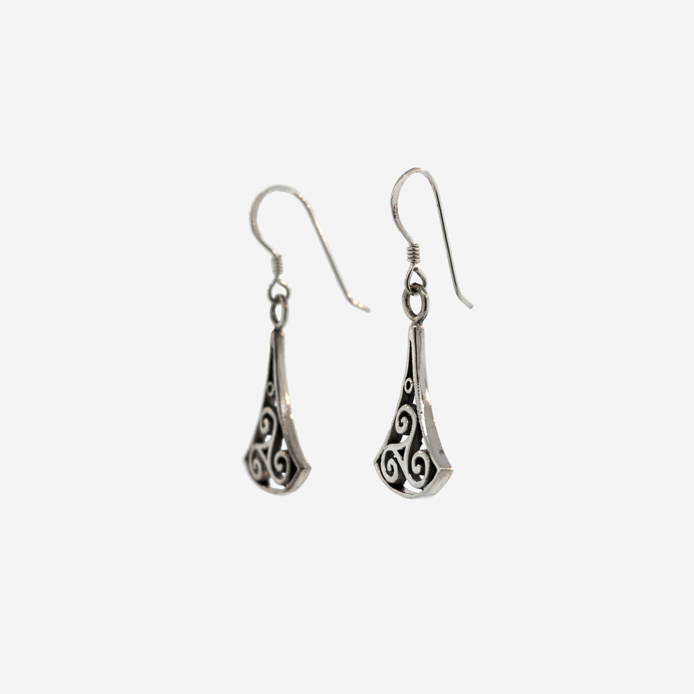 
                  
                    A pair of Super Silver Swirl Open Trinity Drop Earrings with an ornate Celtic Trinity design, featuring triangle-shaped elements.
                  
                