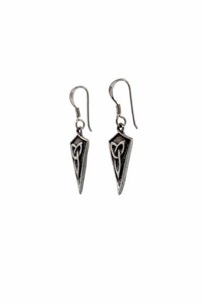 
                  
                    A pair of Super Silver Celtic Trinity Shield Earrings with a Celtic trinity knot symbol.
                  
                