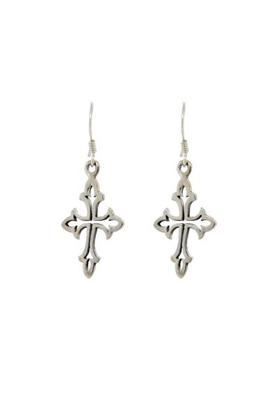 An ornate pair of Super Silver Sterling Silver cross earrings on a white background.