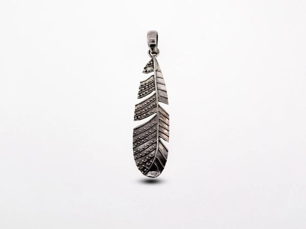 
                  
                    A Super Silver rustic feather pendant, an accent piece with a rustic vibe, on a white background.
                  
                
