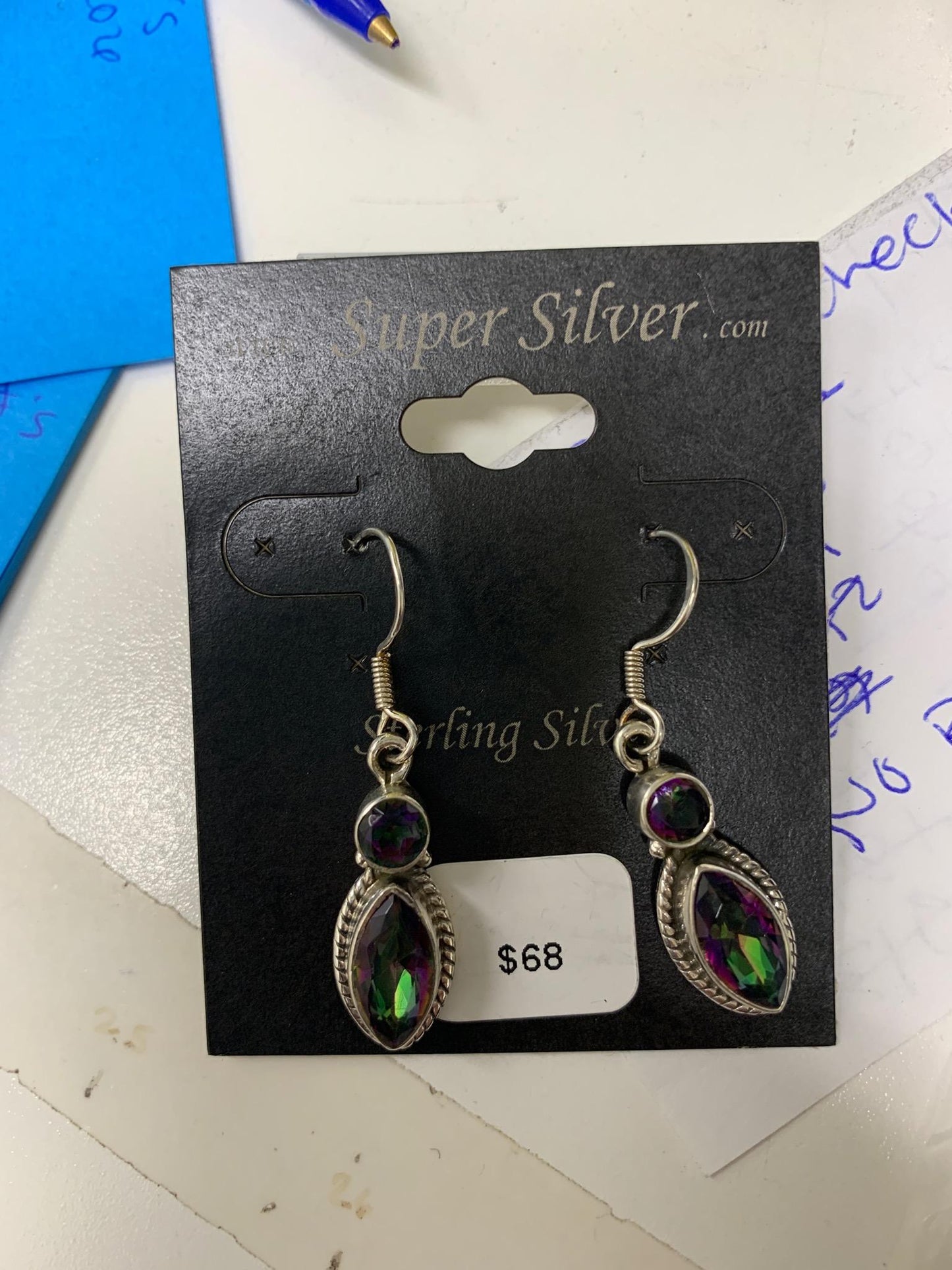 A pair of Super Silver Mystic topaz earrings for Special order with green and purple stones.