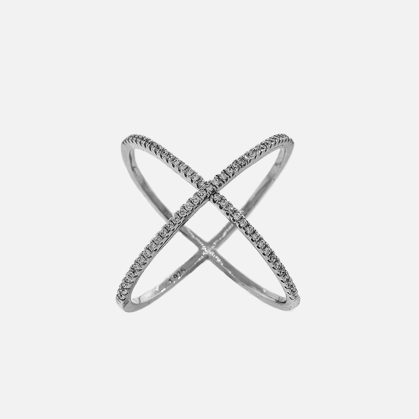 An elegant "X" Cubic Zirconia ring with diamonds on it.