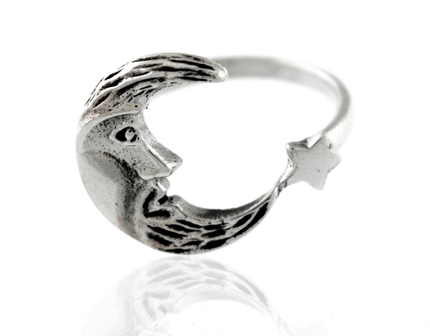 A Super Silver Crescent Moon and Star Ring with a crescent moon and star design.