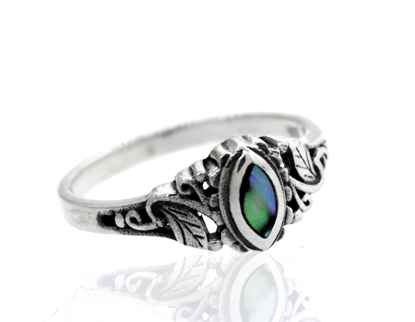 A nature-inspired, Dainty and Intricate Abalone Ring featuring a lustrous abalone stone by Super Silver.