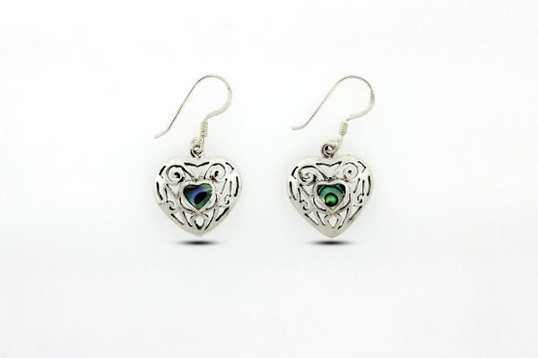 A pair of Super Silver Elegant Heart Shaped Abalone Earrings with Abalone accents.