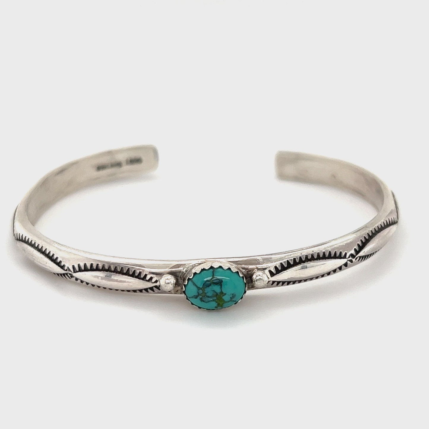 
                  
                    Load and play video in Gallery viewer, Striking Native American Turquoise Cuff with Diamond Etching
                  
                