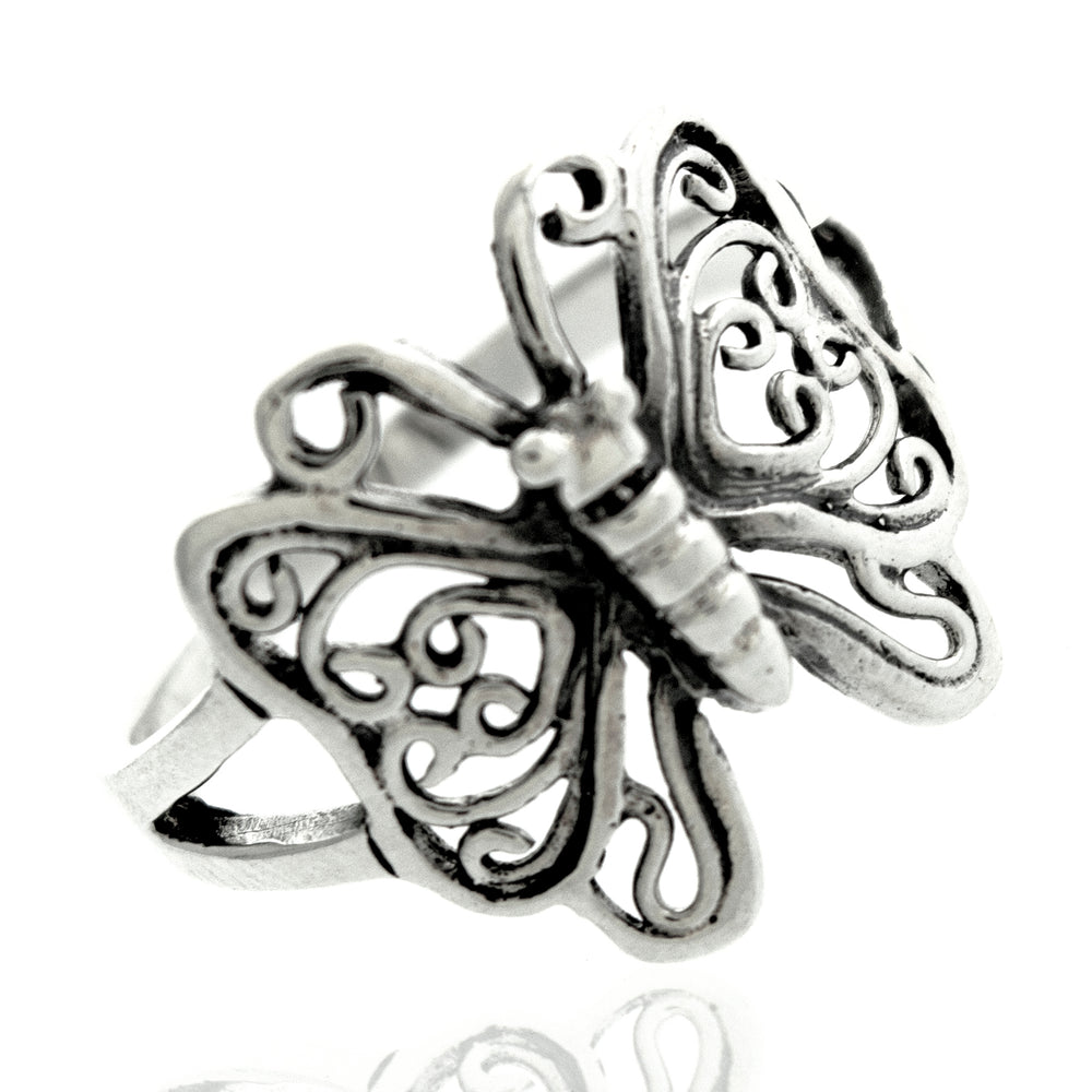 A Butterfly Ring With Filigree Design in sterling silver.