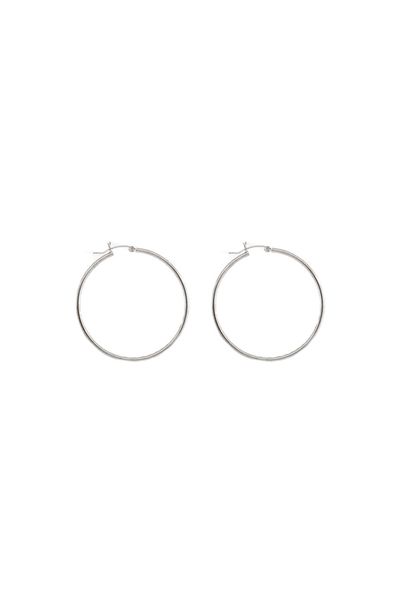 A pair of Super Silver Hinged Hoops 2 mm x 45 mm on a white background.