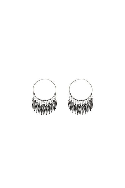 A pair of Super Silver's Silver Hoops with Feathers on a white background.