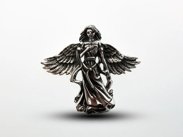 
                  
                    A Super Silver Flowing Angel Pendant With Hand Over Heart with wings on a white background.
                  
                