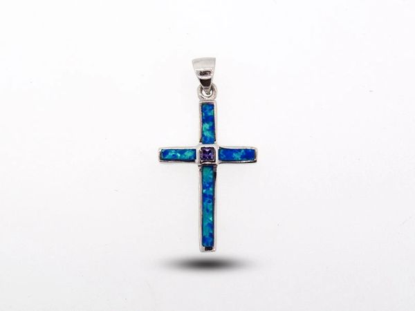 A Super Silver Blue Opal Cross Pendant With Amethyst Stone on a white background.