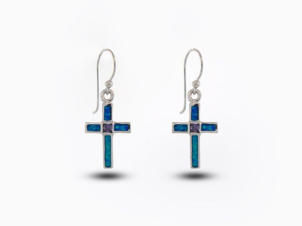 A pair of Super Silver Blue Opal Cross Earrings With Amethyst Center Stone.