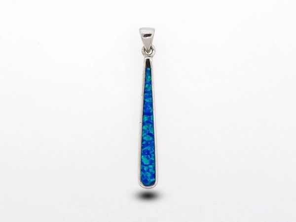
                  
                    A Super Silver Elongated Teardrop Blue Opal Pendant with a rhodium finish on a white background.
                  
                
