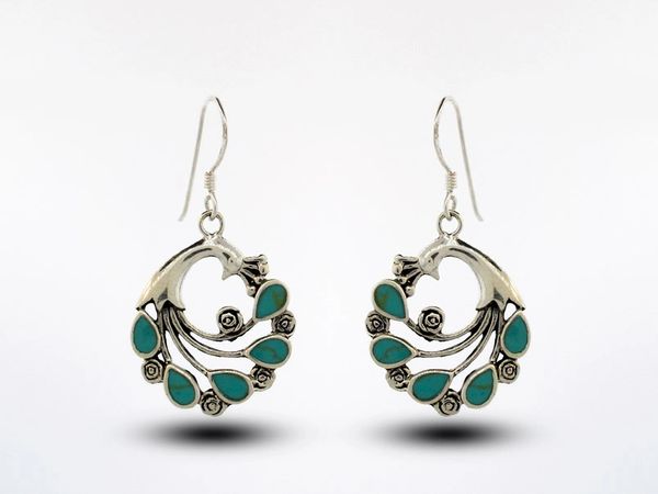 Super Silver's Peacock Earrings With Teardrop Shaped Turquoise Feathers.