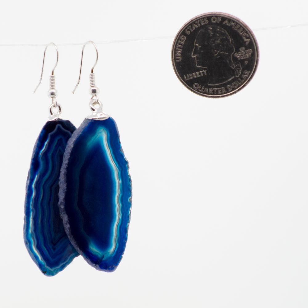 
                  
                    A pair of Super Silver Agate Slice Earrings hanging on a string.
                  
                