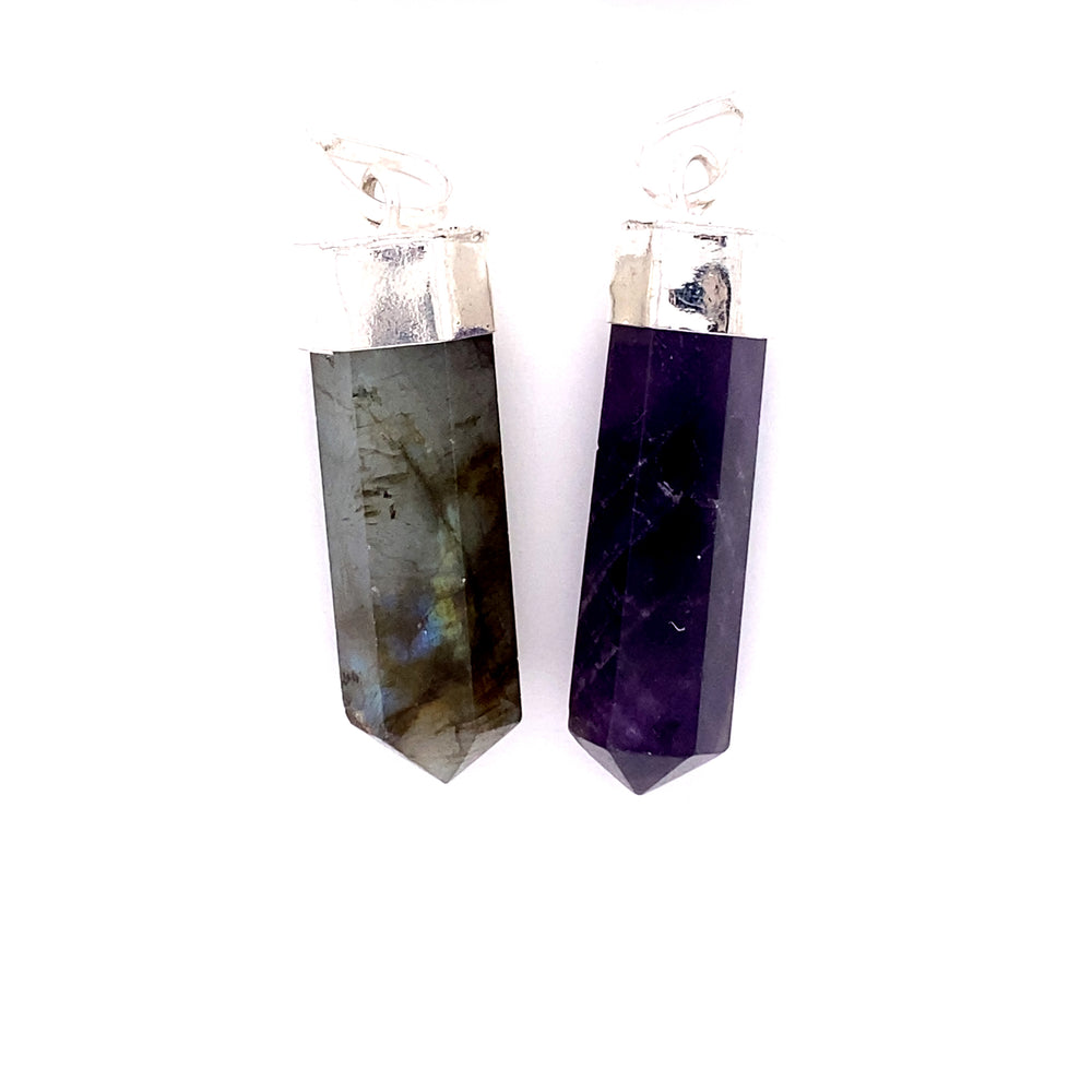 
                  
                    Super Silver's Simple Gemstone Point Pendant with Labradorite and amethyst, giving off a boho vibe.
                  
                
