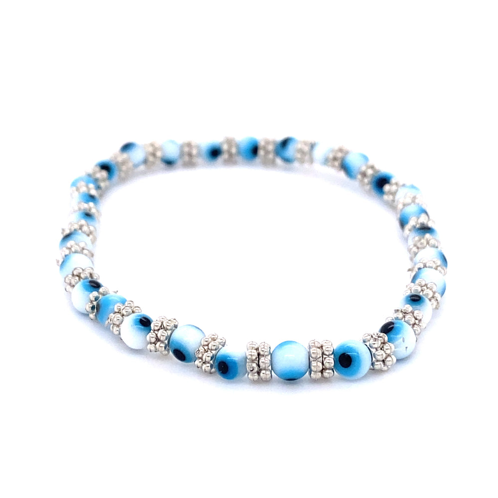 A Super Silver Evil Eye Stretch Bracelet, perfect for everyday wear, adorned with sparkling crystals.