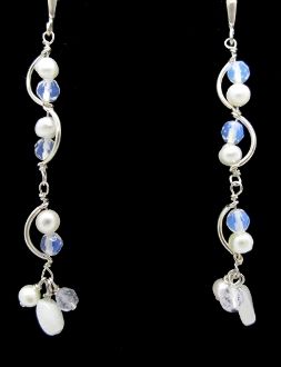 Super Silver Beaded, Blue and White Dangle Earrings featuring Swarovski crystals.
