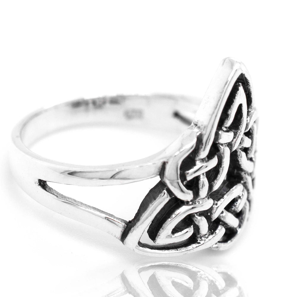 Stylish Triangle Shape Celtic Knot Design Ring in sterling silver perfect for everyday wear or a stylish night-out by Super Silver.